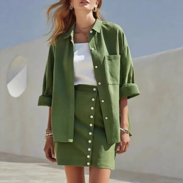 Women's Collared Long Sleeve Shirt and Button Skirt Linen-Blend Two-Piece Set