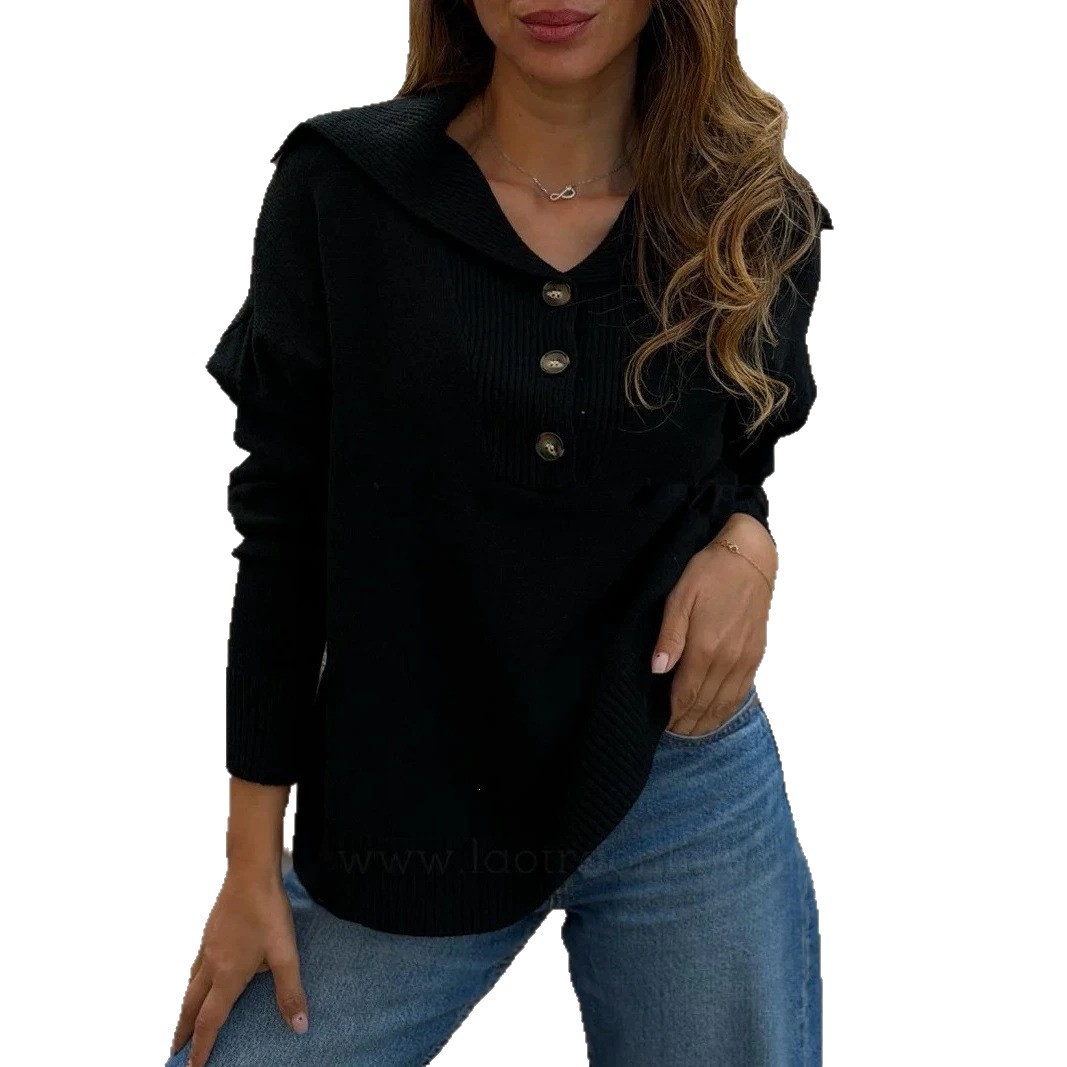 Button-Front Collared Loose Long-Sleeve Solid Sweater