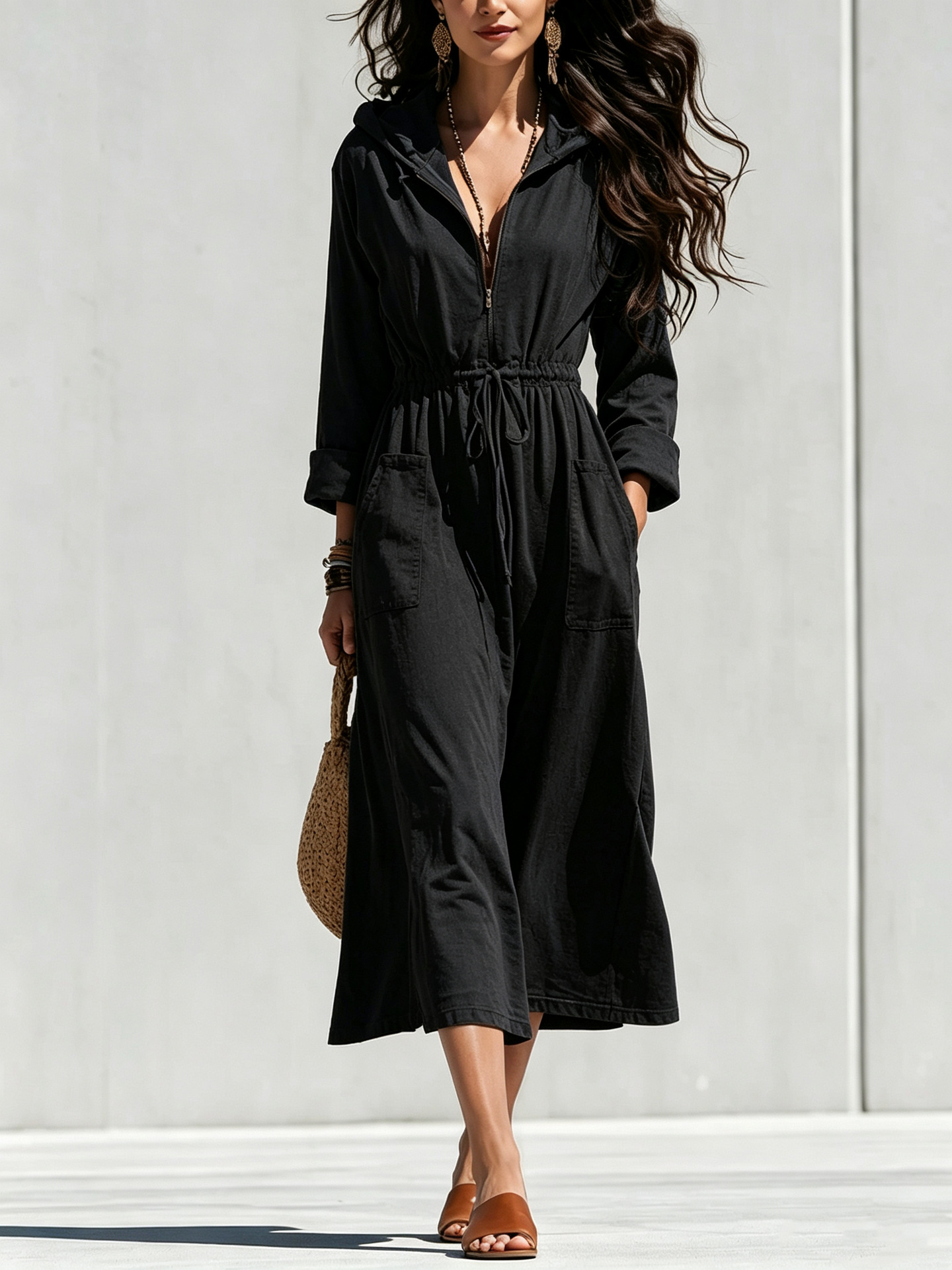 Women's Solid Half-Zip Drawstring Hooded Midi Dress