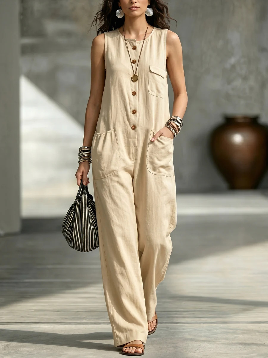 Sleeveless Wide-Leg Jumpsuit with Pockets Casual