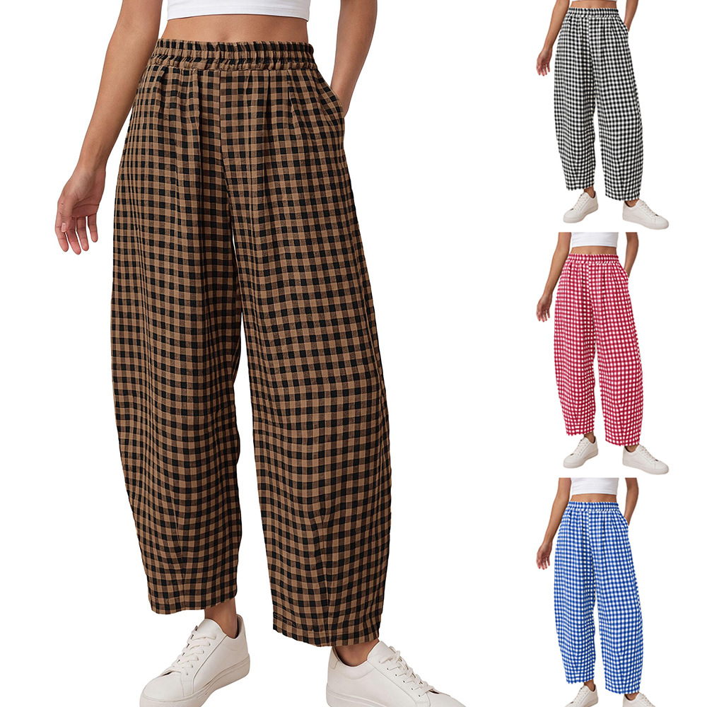 Plaid High-Waist Wide-Leg Cropped Pants with Pockets