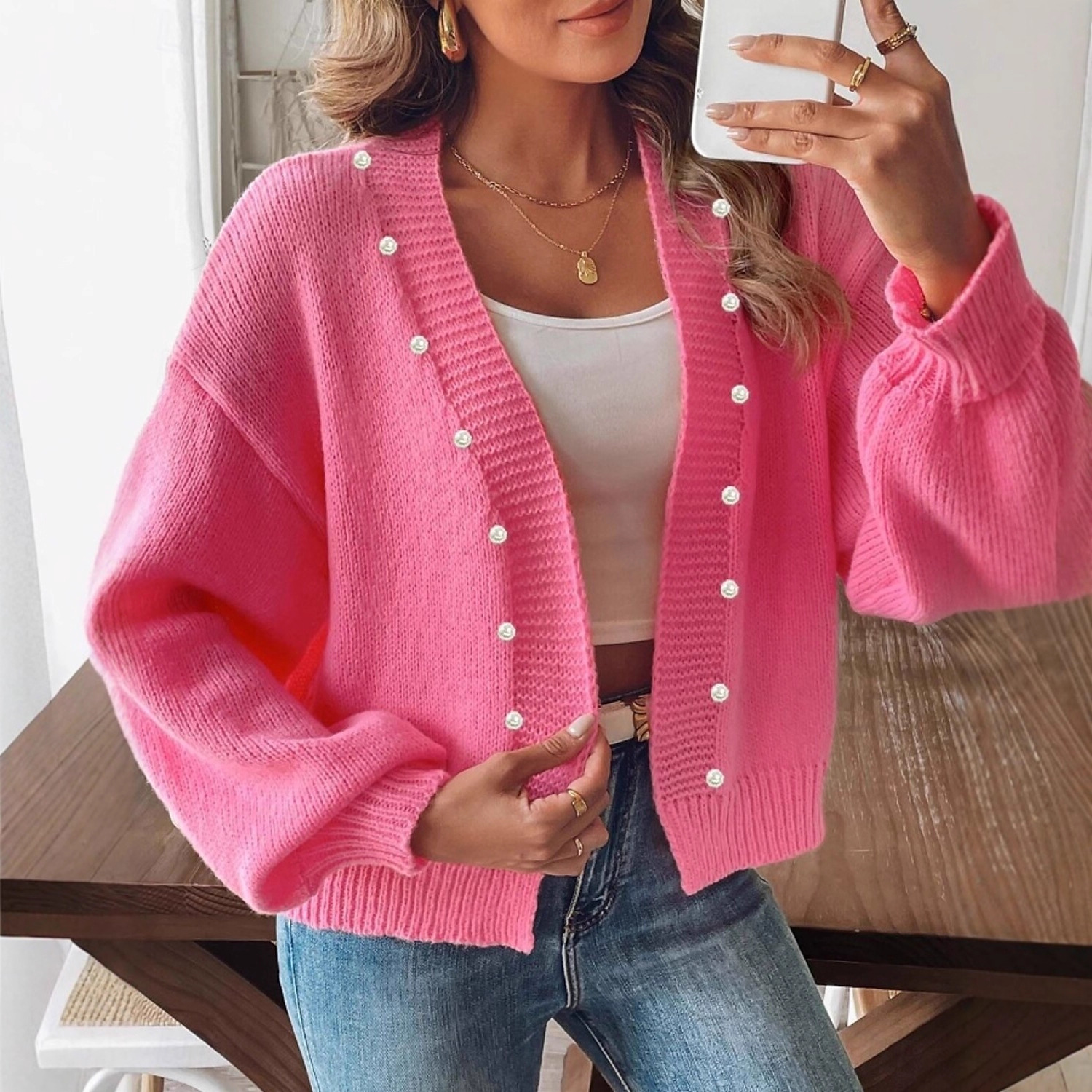 Pink Knit Cardigan for Women V-Neck Button-Up Long Sleeve
