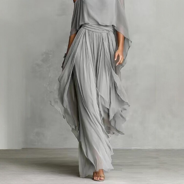 Gray Chiffon Off-Shoulder Cami & Wide-Leg Pants Set