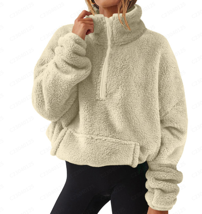 Fleece-Lined Half-Zip Stand Collar Sweatshirt for Women
