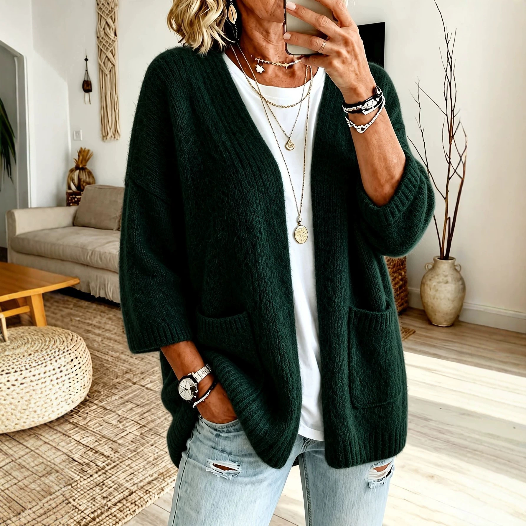 Soft Solid Knit Cardigan with Dual Pockets, Open Front, Long Sleeve