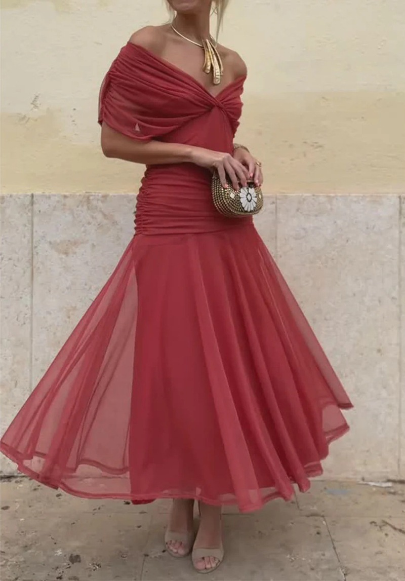 Elegant Solid Deep V-Neck Waist-Cinched Mesh Dress