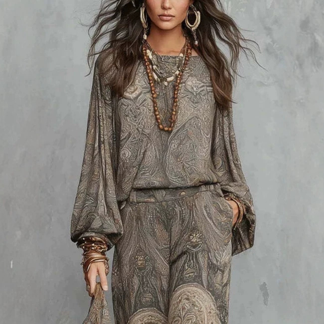 Paisley Print Retro Two-Piece Set with Long-Sleeve Shirt