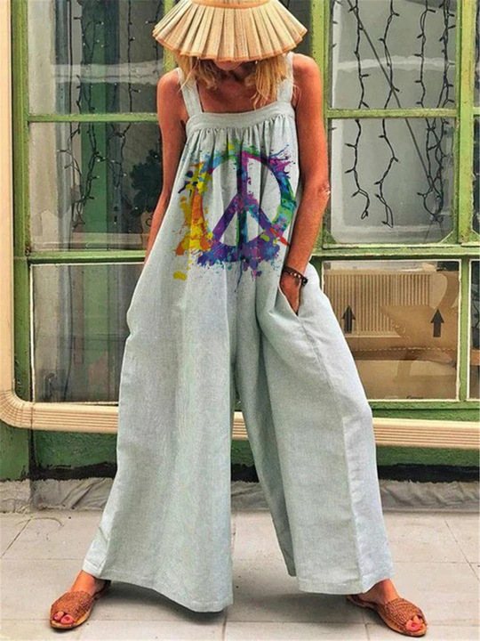 Women's Plus Size Floral Print Wide-Leg Jumpsuit with Straps