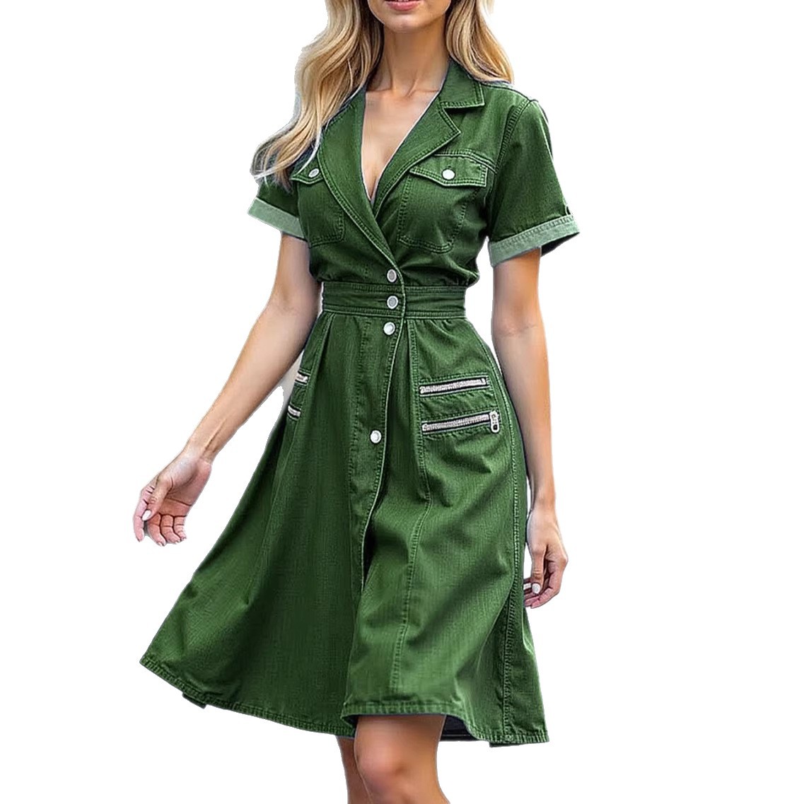 Women's Denim Midi Dress Short Sleeve Button-Front Shirt Collar