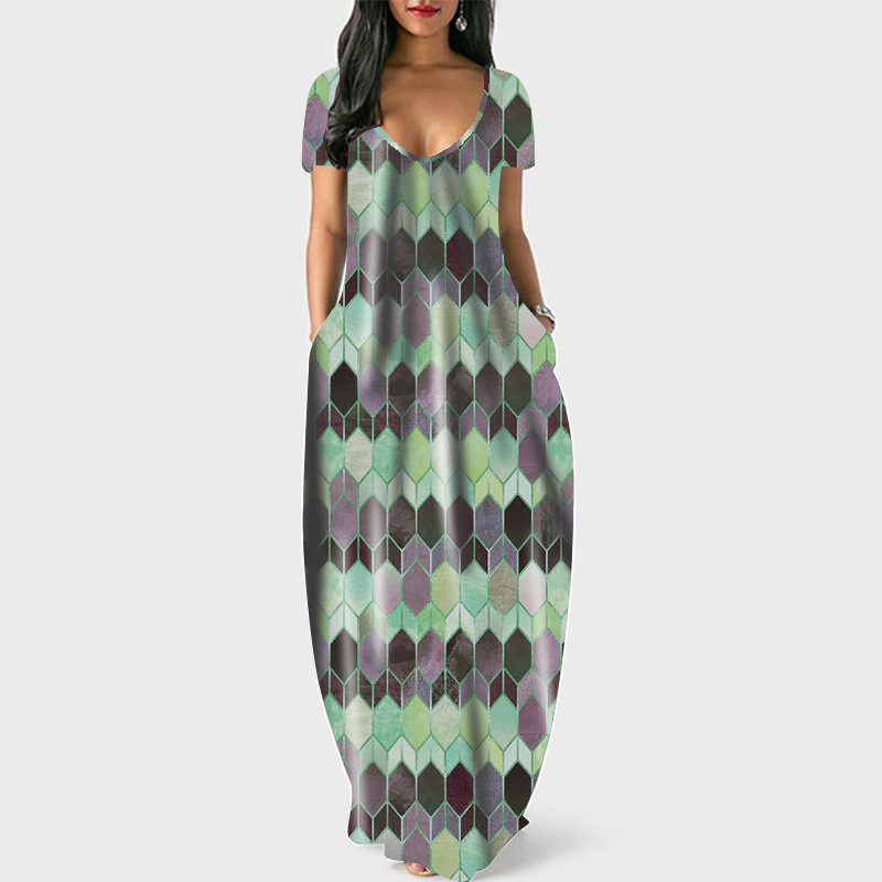 Women's Round Neck Short Sleeve Pocket Geometric Print A-Line Midi Dress