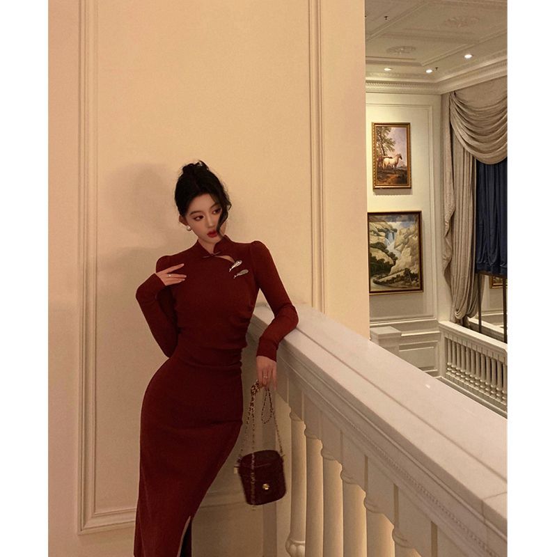 Wine Red New Chinese Style Qipao Dress with Pankou Stand Collar