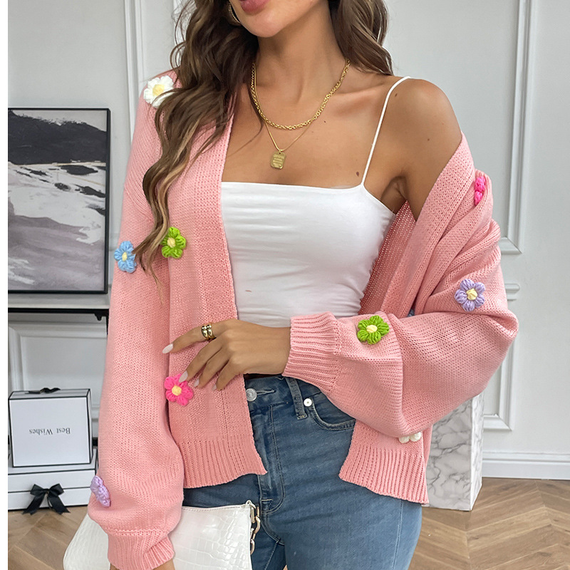 Hand-Crochet Floral Knit Cardigan Sweater Coat Women's Loose Relaxed Fit