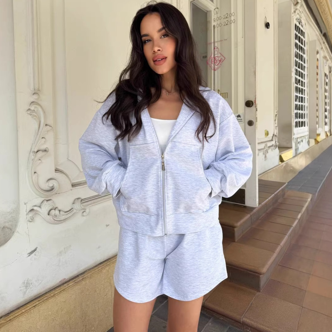Women's Long-Sleeve Hooded Top and Shorts Two-Piece Set