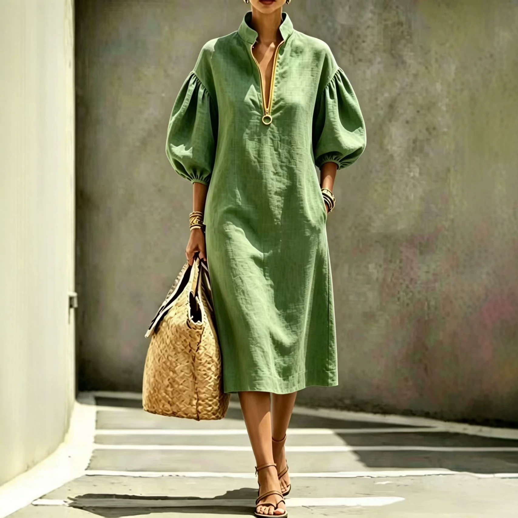 Women's Solid Color Loose Round Neck Zip Bubble Sleeve Dress