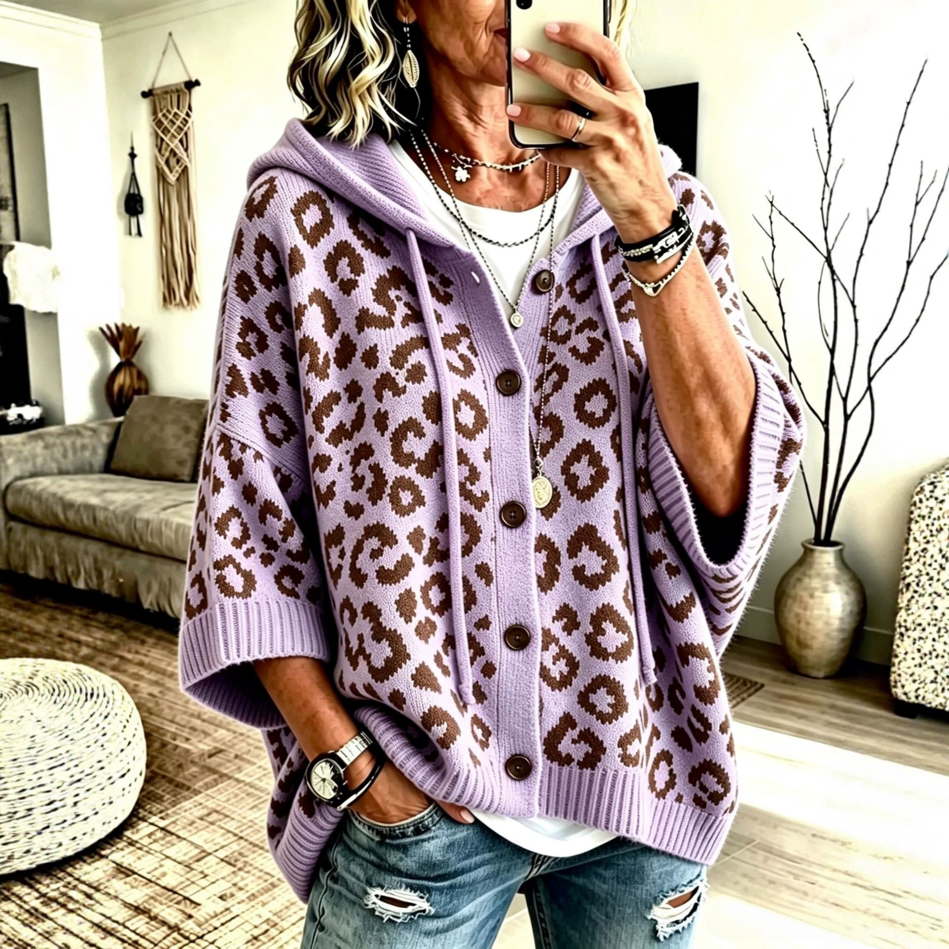 Leopard Print Button-Up Hooded Knit Cardigan Sweater