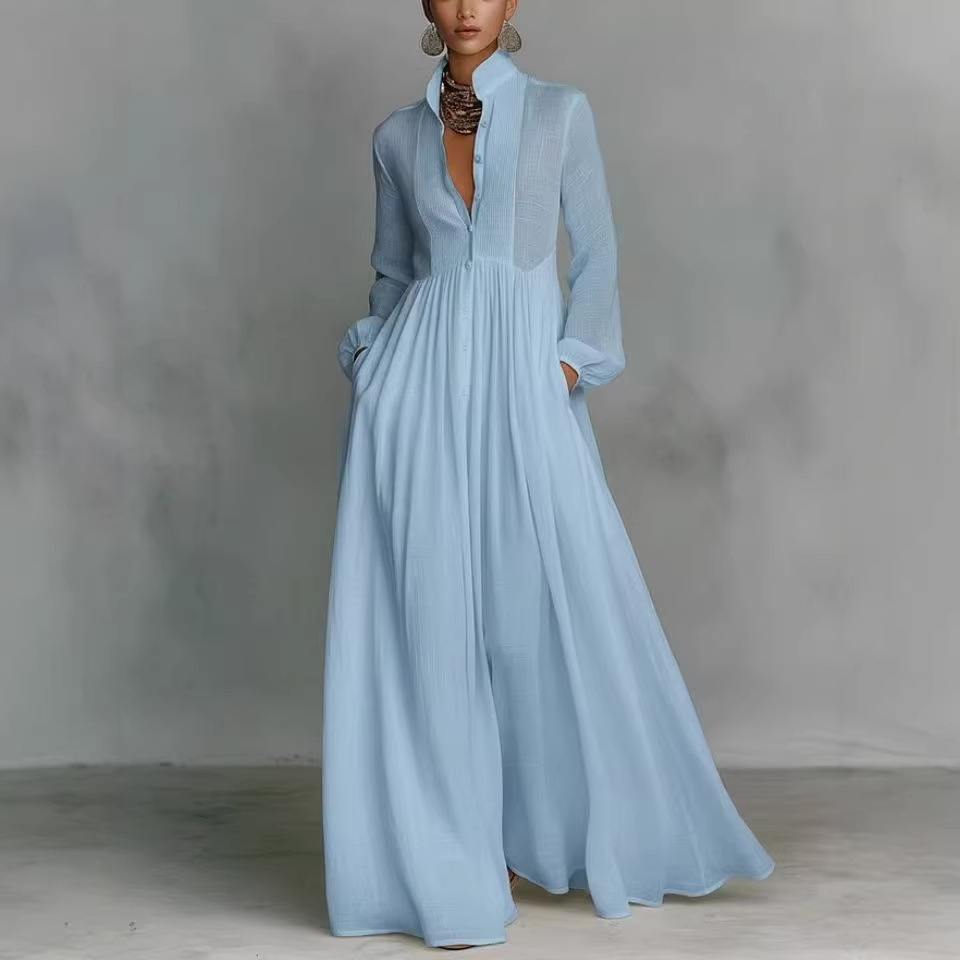 Women's Pleated Long Sleeve Midi Dress Solid Color Slim Waist French Style