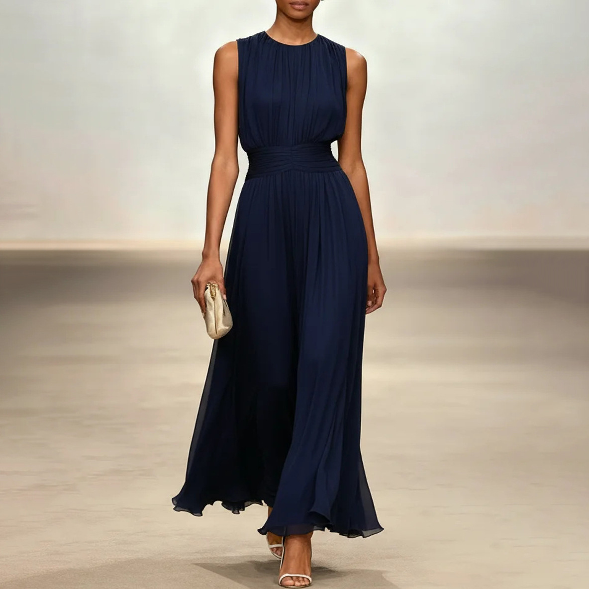 Sleeveless Solid Color Waist-Cinched A-Line Midi Dress with Round Neck