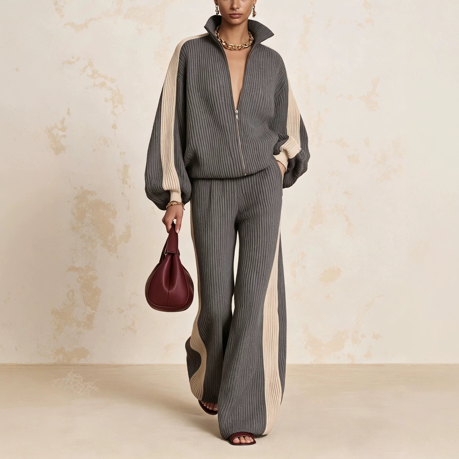 Corduroy Color-Block Knit Two-Piece Set with Wide-Leg Pants
