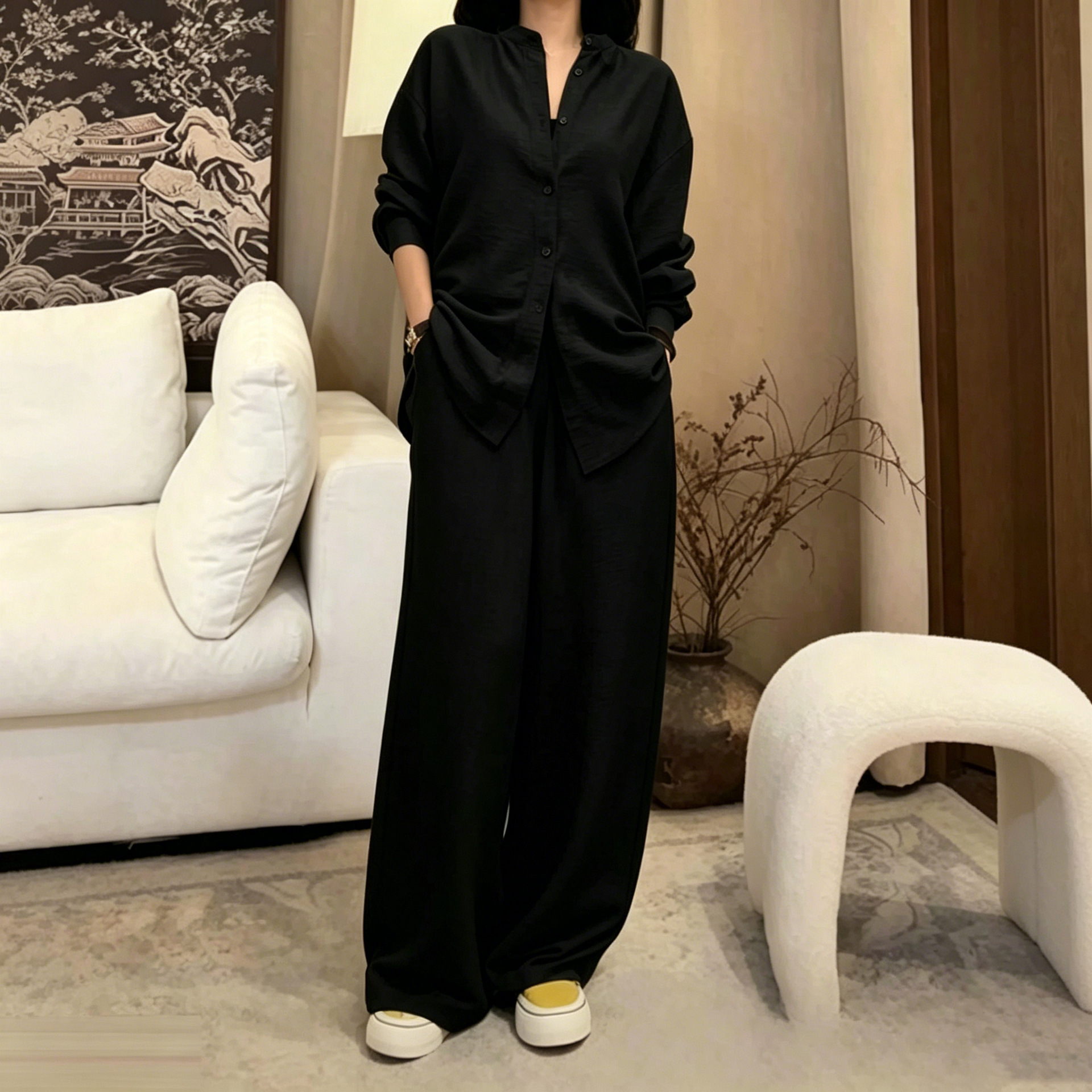 Women's Textured Two-Piece Set with Loose Shirt and High-Waist Wide-Leg Pants