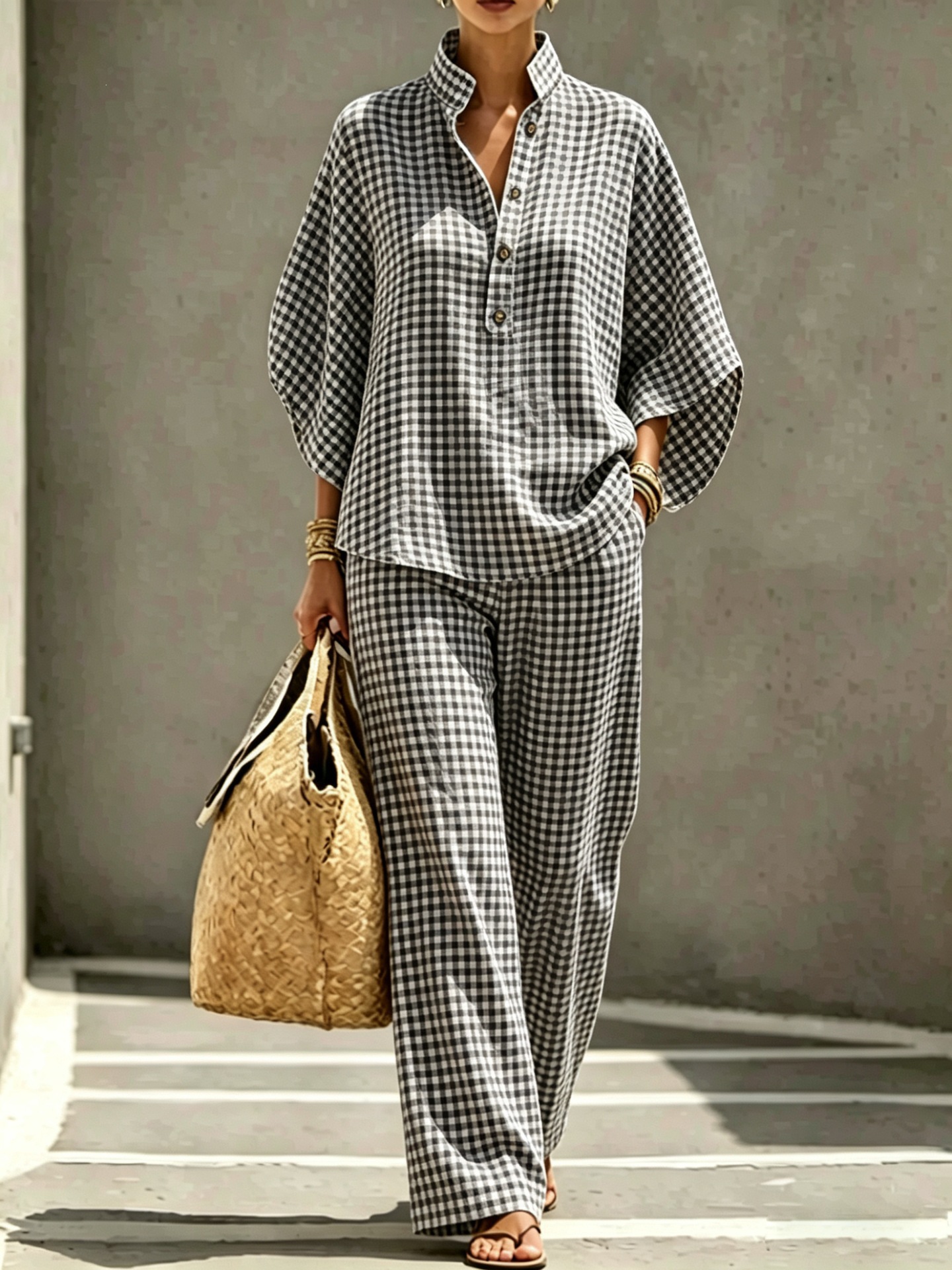 Women's Striped Plaid Print Long Sleeve Button Collared Top Set