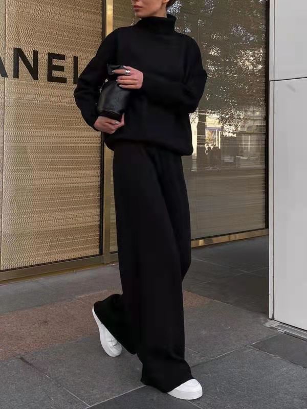 Women's Long Sleeve Wide Leg Pants Set High Neck Loose Casual Two Piece
