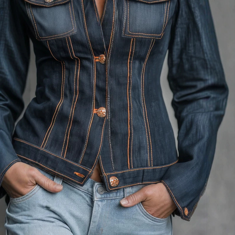 Retro Slim-Fit Dark Denim Jacket with Orange Contrast Stitching