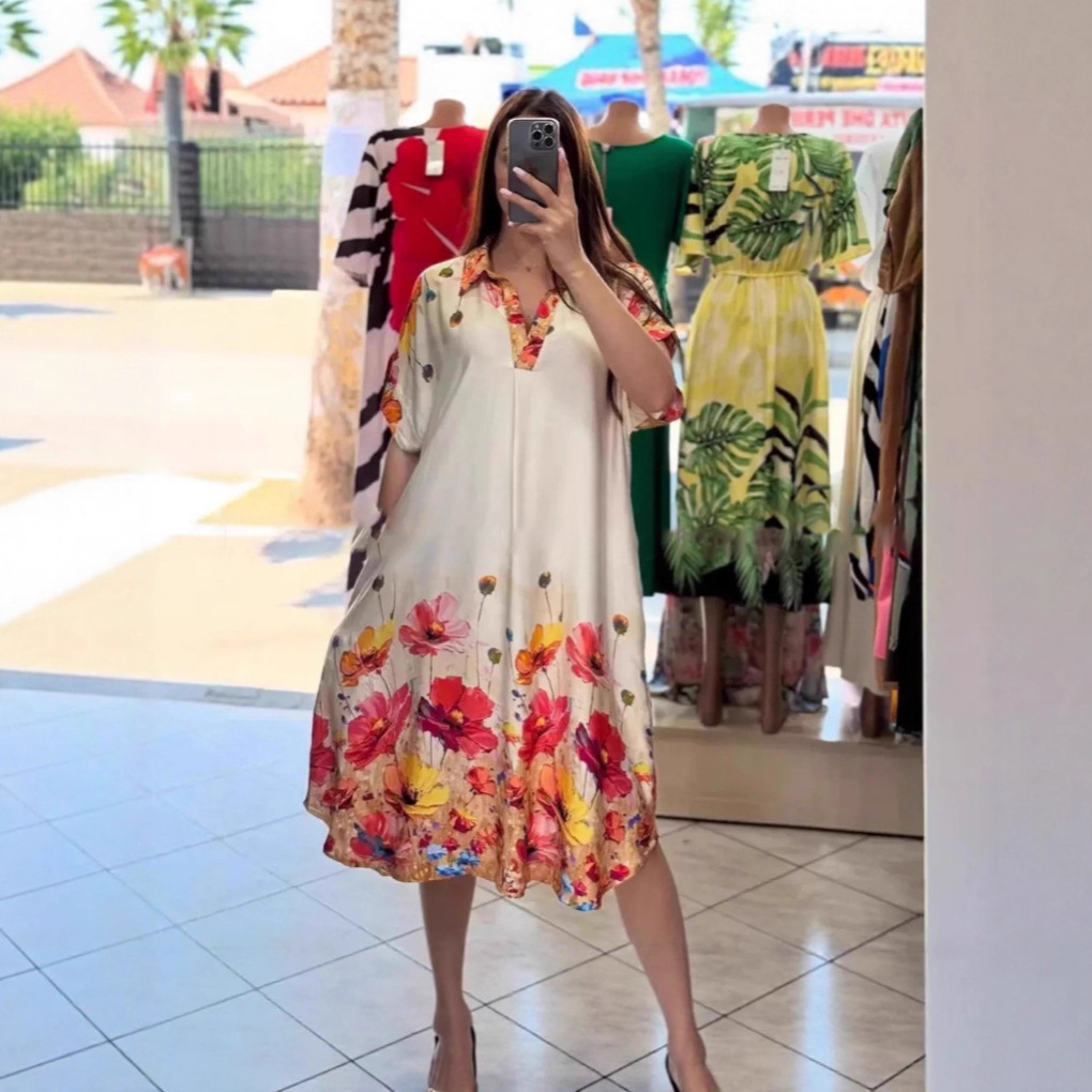 Floral Print Collared Short Sleeve Pocket Dress