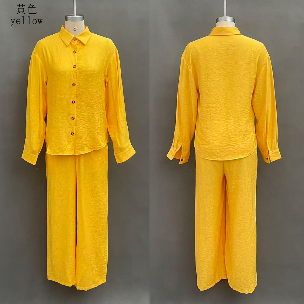 Women's Solid Color Long Sleeve Button Pocket Shirt and Pants Set