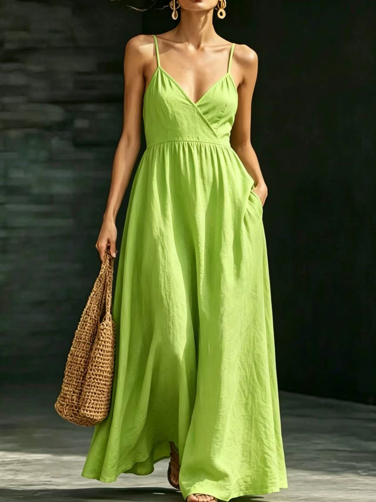 V-Neck Sleeveless Midi Dress with Pockets Elegant Casual