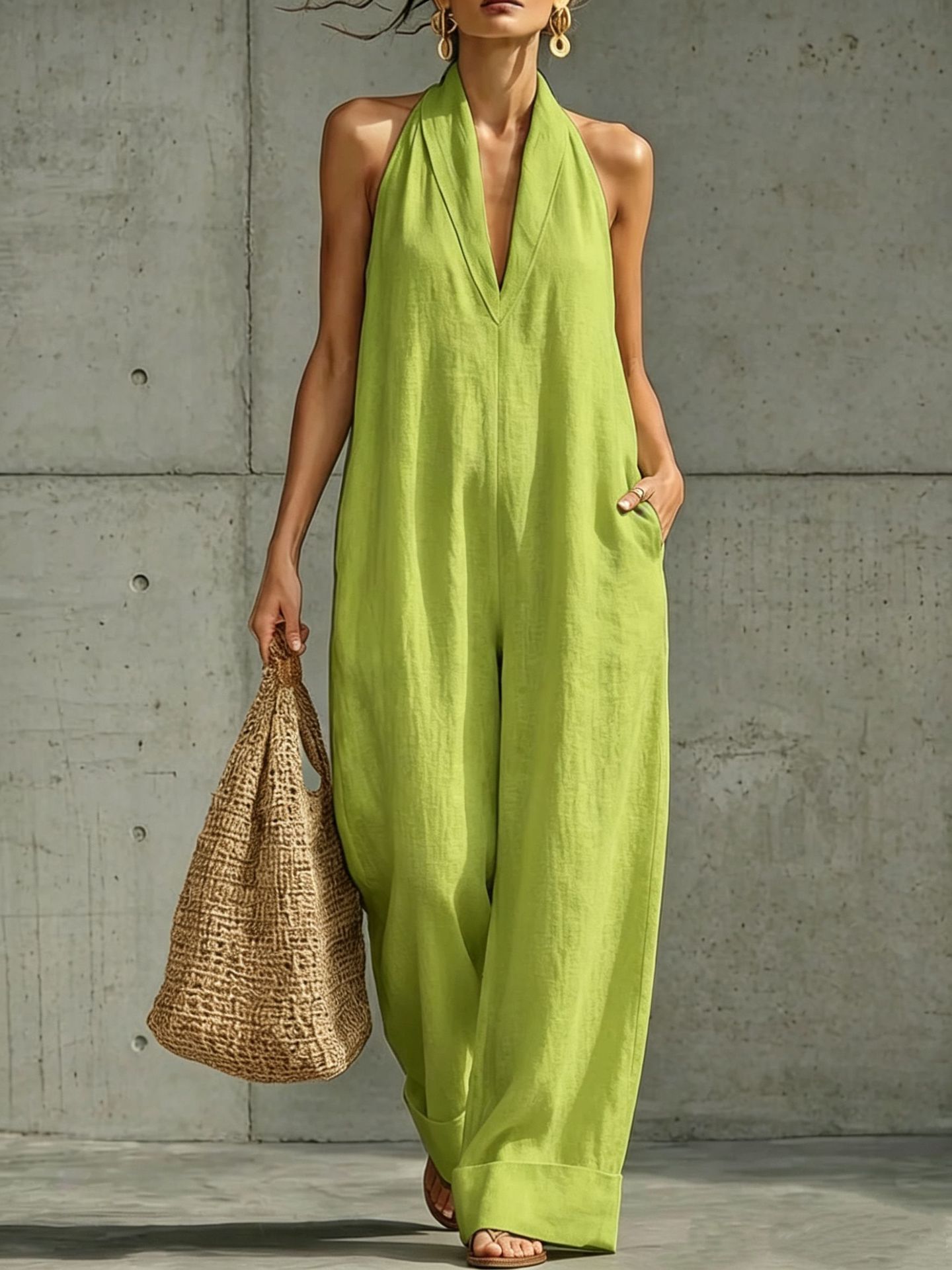 Cotton Linen Sleeveless Wide-Leg Jumpsuit Women Casual Minimalist