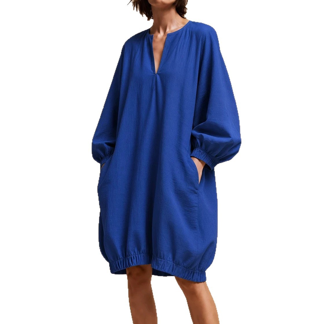 Women's V-Neck Loose Midi Dress with Lantern Sleeves