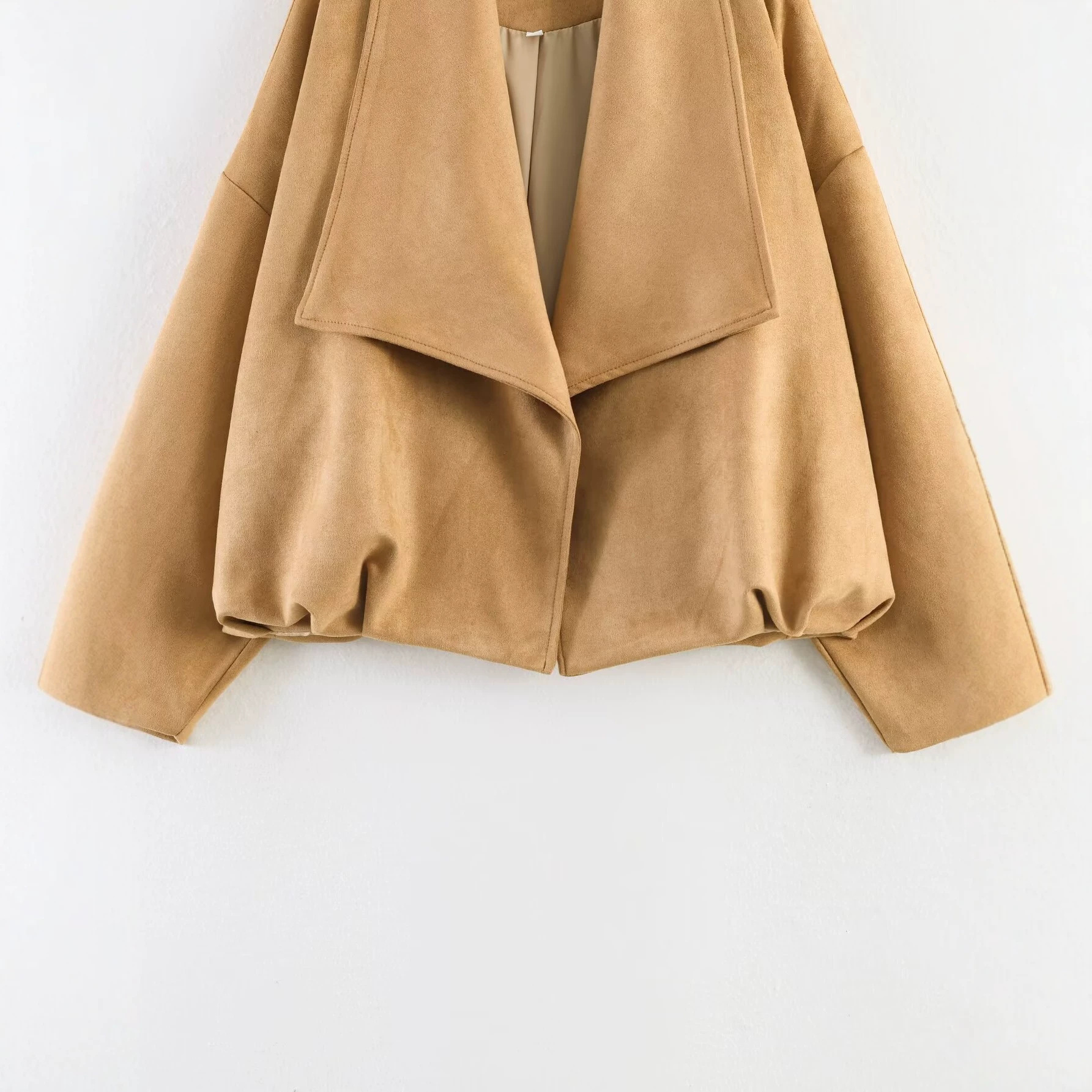 Women's Faux Suede Wrap Coat Long Sleeve Lapel Collar Khaki