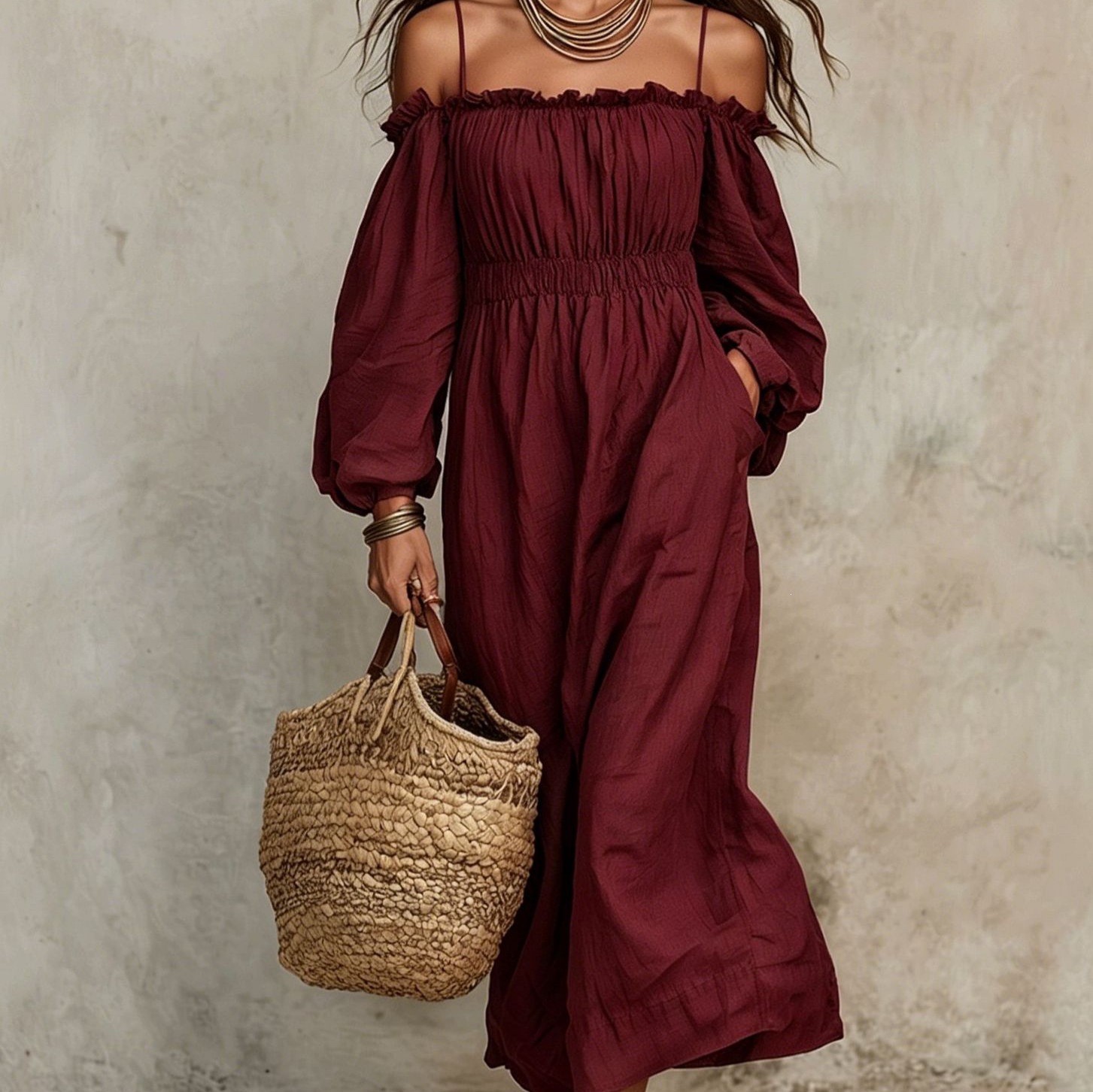 Cotton-Linen Off-Shoulder Pleated Maxi Dress