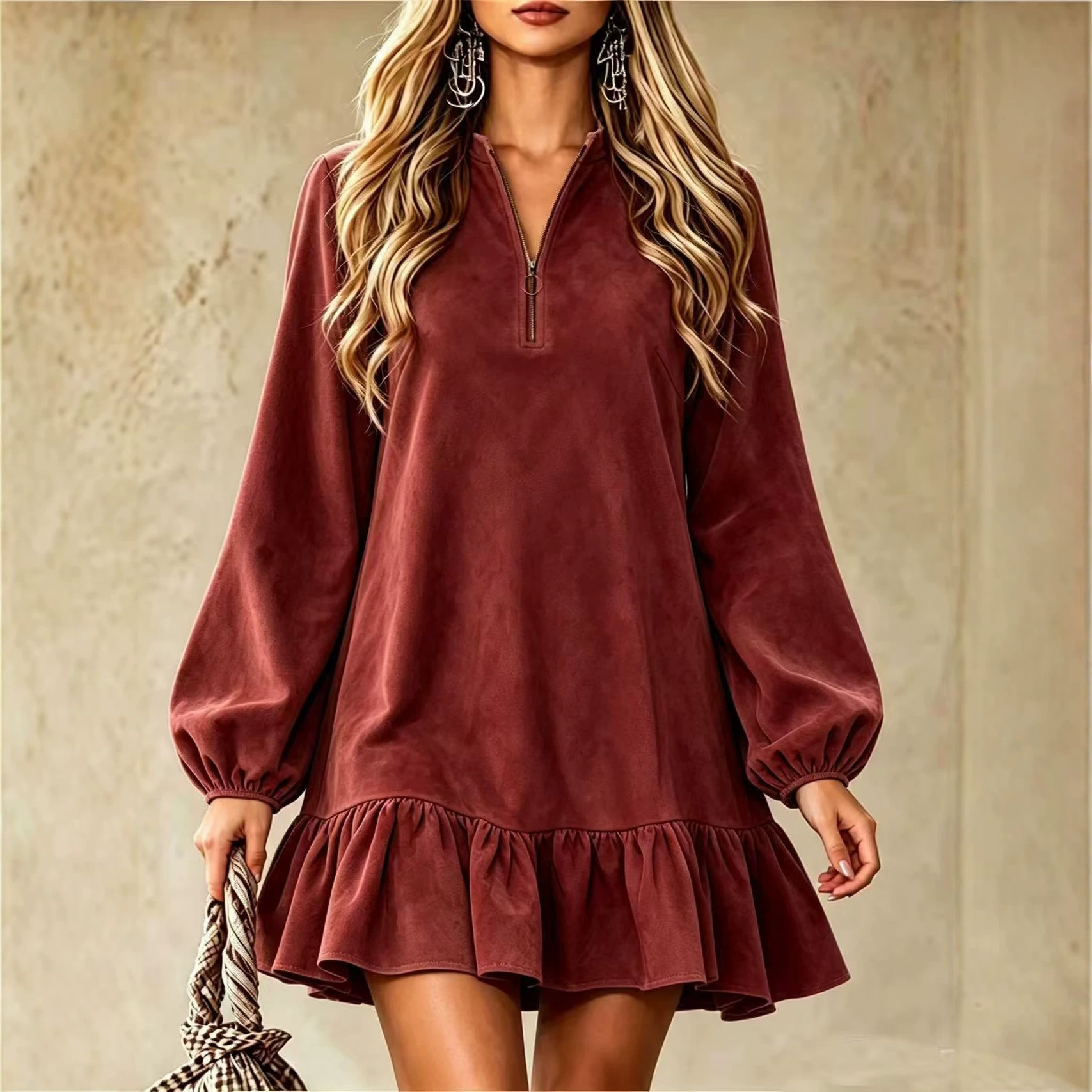 Women's Loose Long Sleeve V-Neck Mini Dress