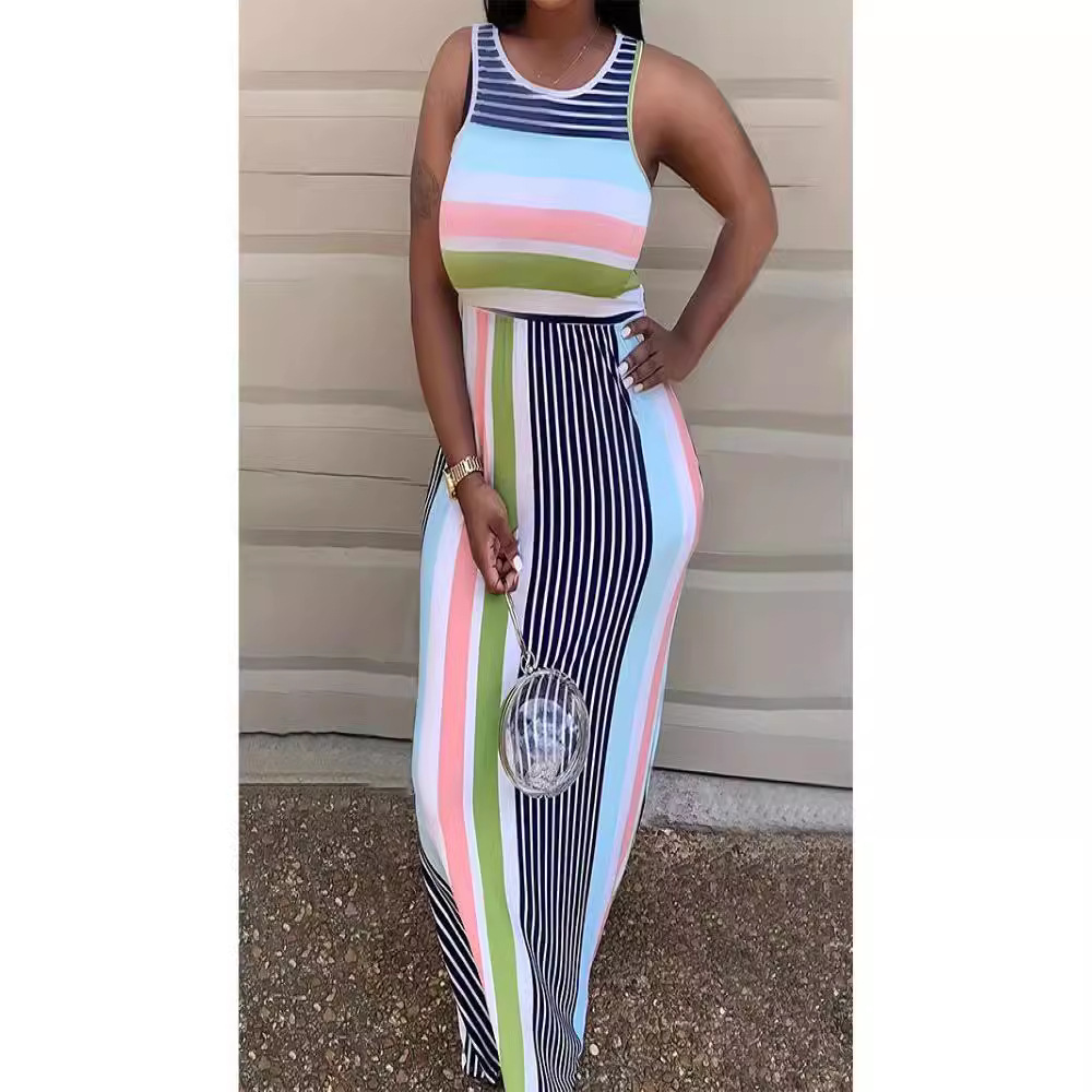 Sleeveless Round Neck Striped Print Bodycon Dress