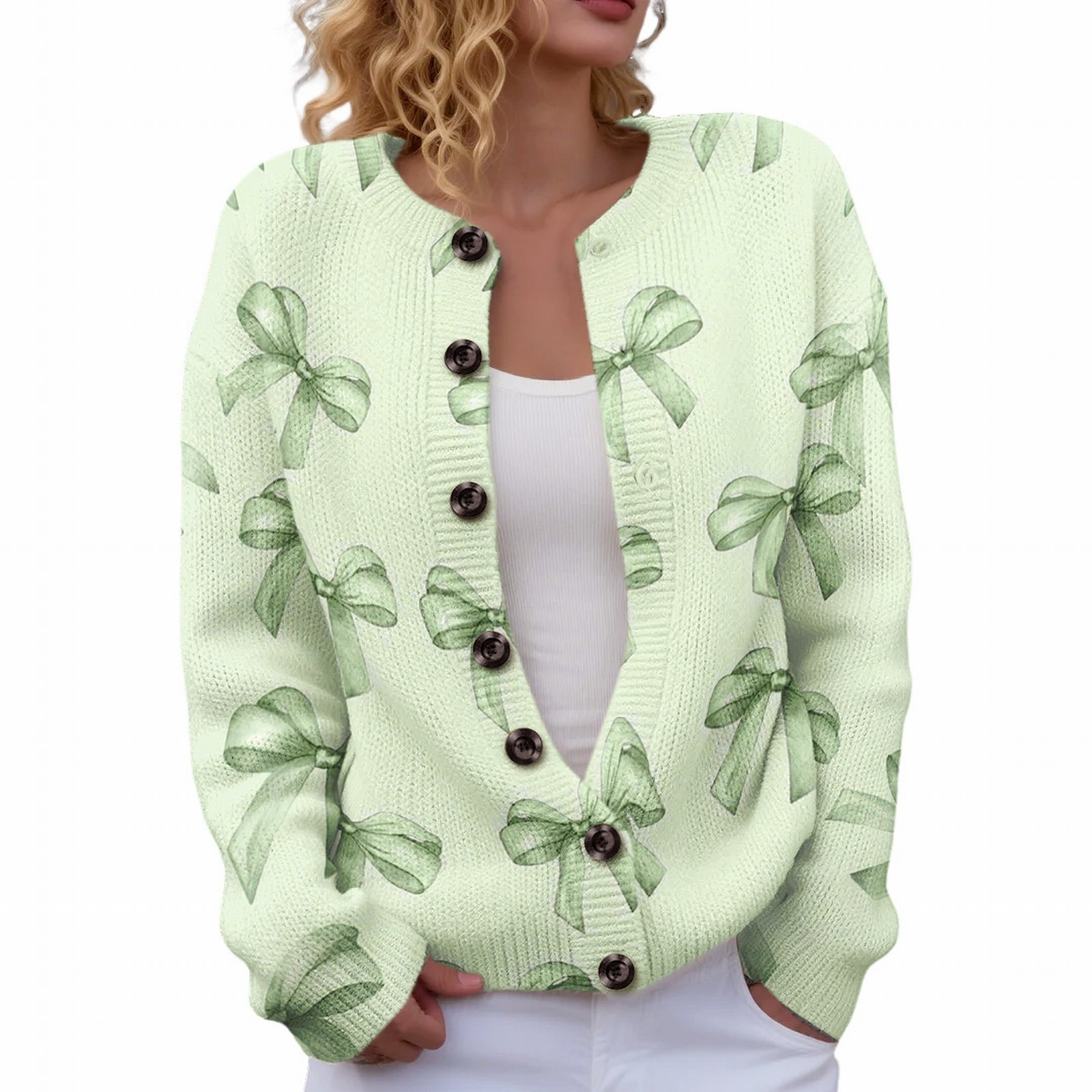 Women's Four-Leaf Clover Print Button Cardigan Sweater