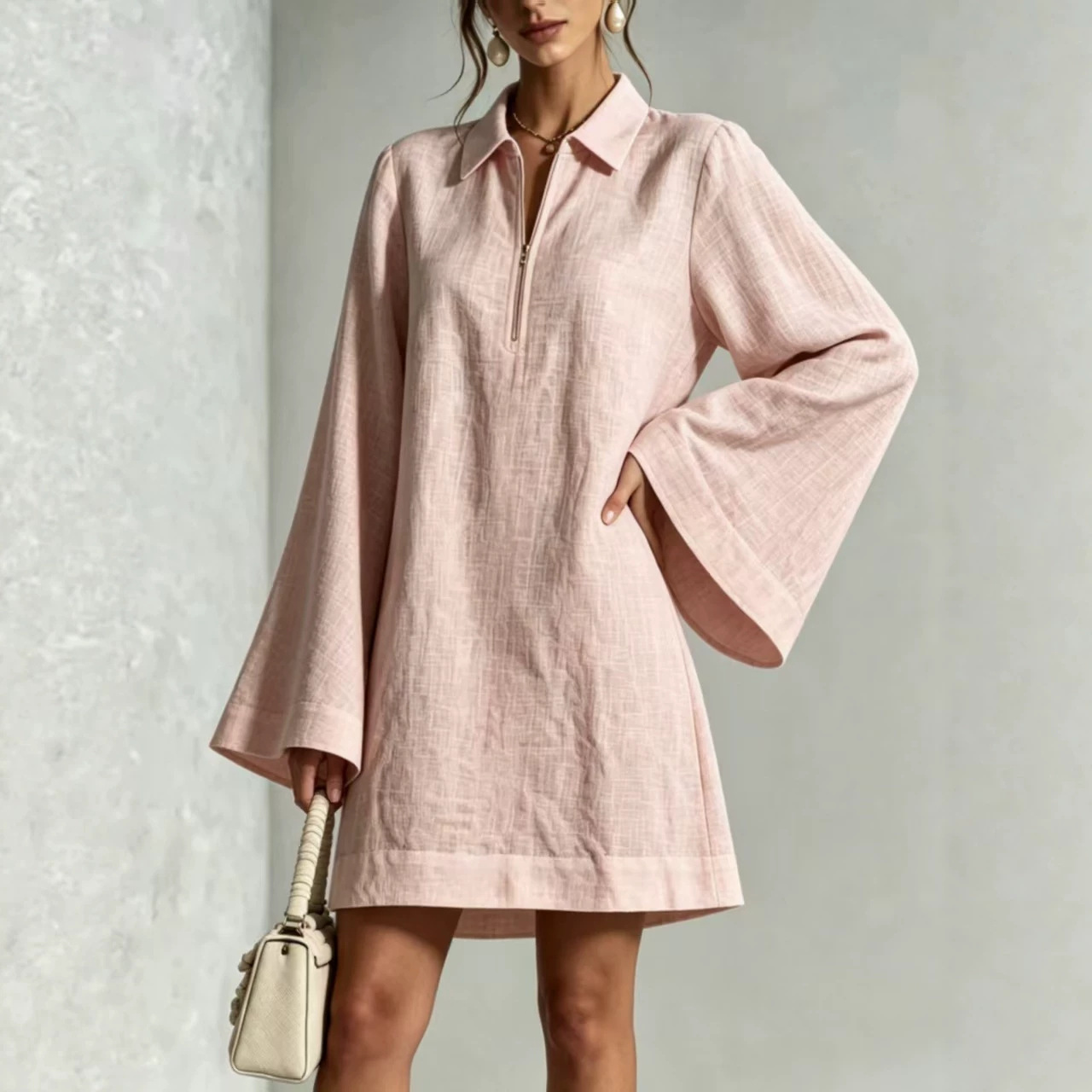 Solid Color Half-Zip Loose Long-Sleeve Casual Dress