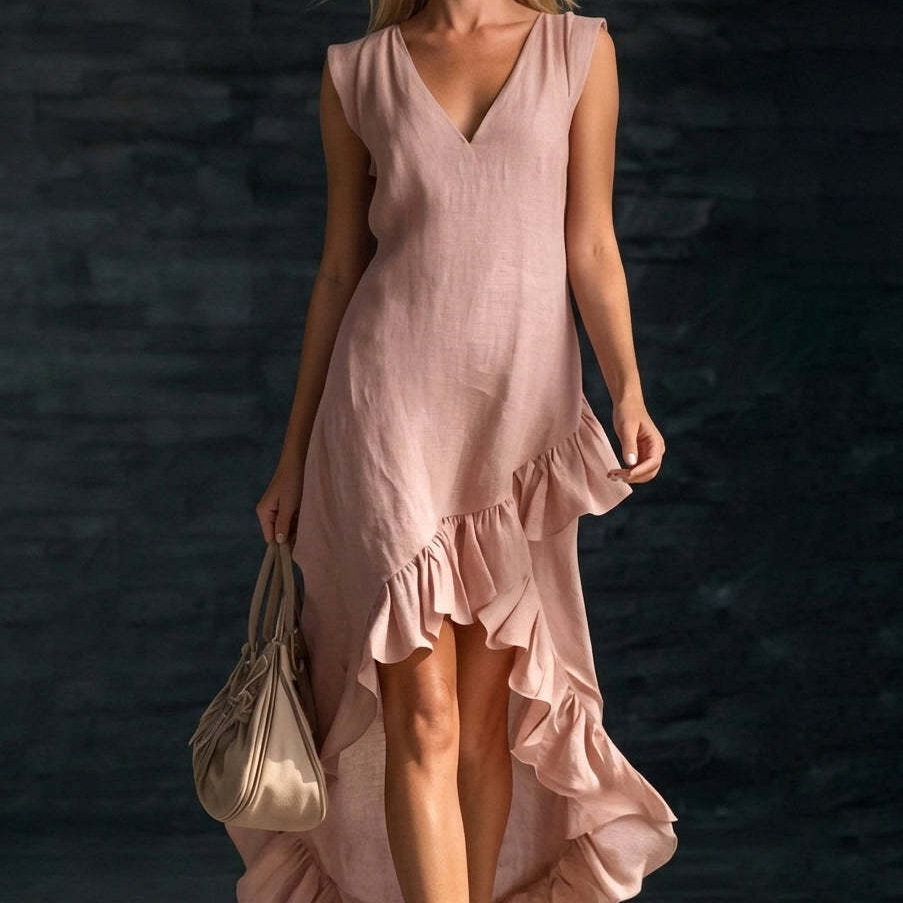 Women's Sleeveless V-Neck Ruffle Hem Midi Dress
