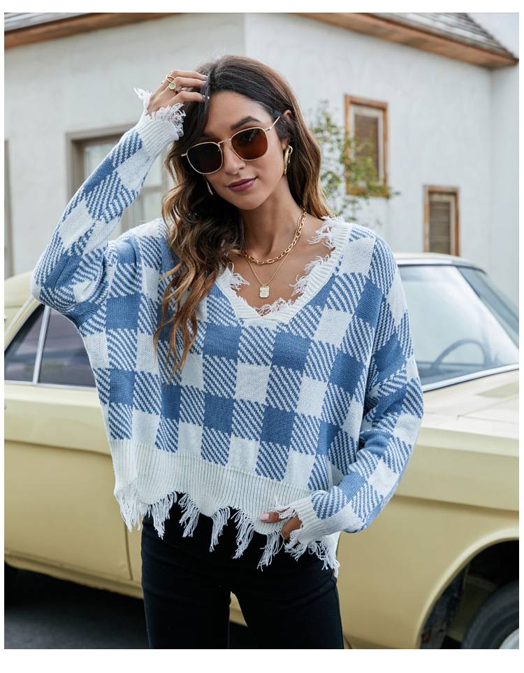 Women's Loose Cropped V-Neck Fringe Knit Sweater