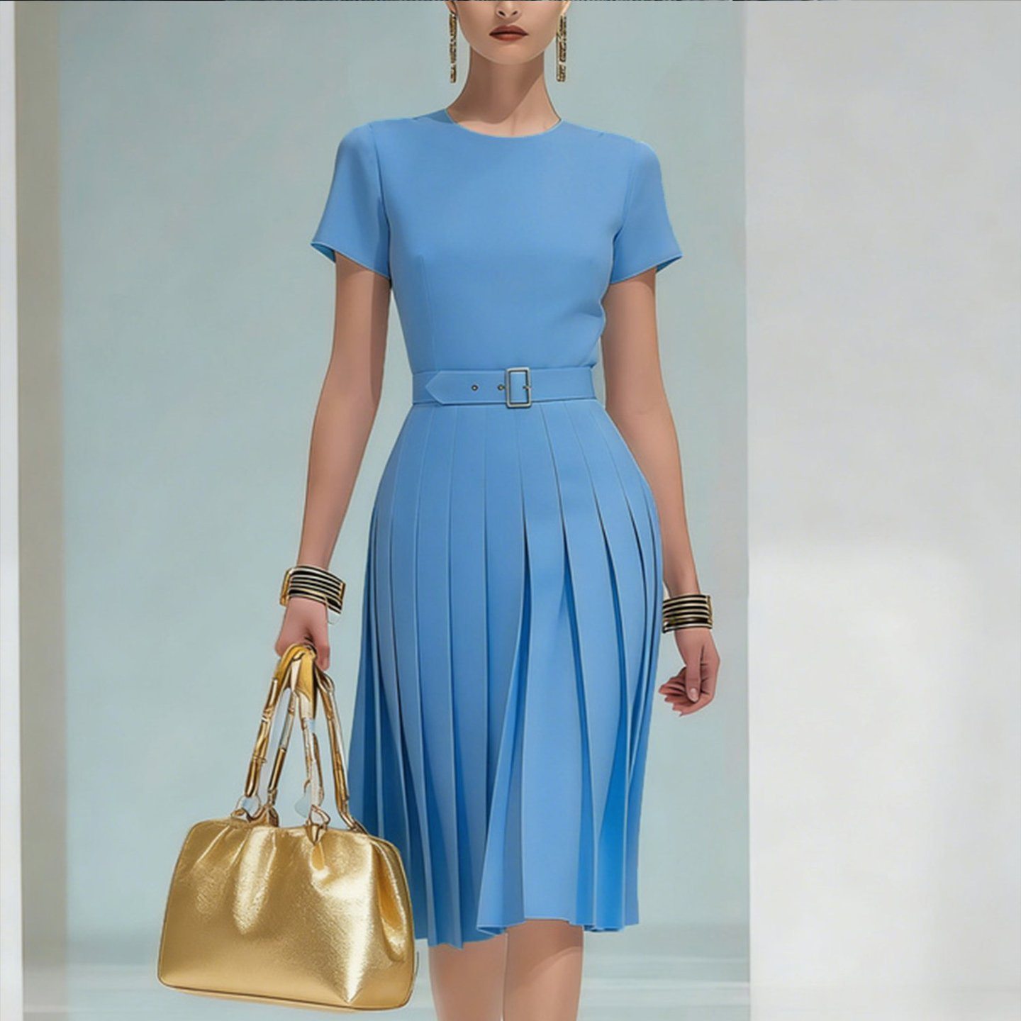 Women's Pleated Round Neck Midi Dress with Belt Solid Color