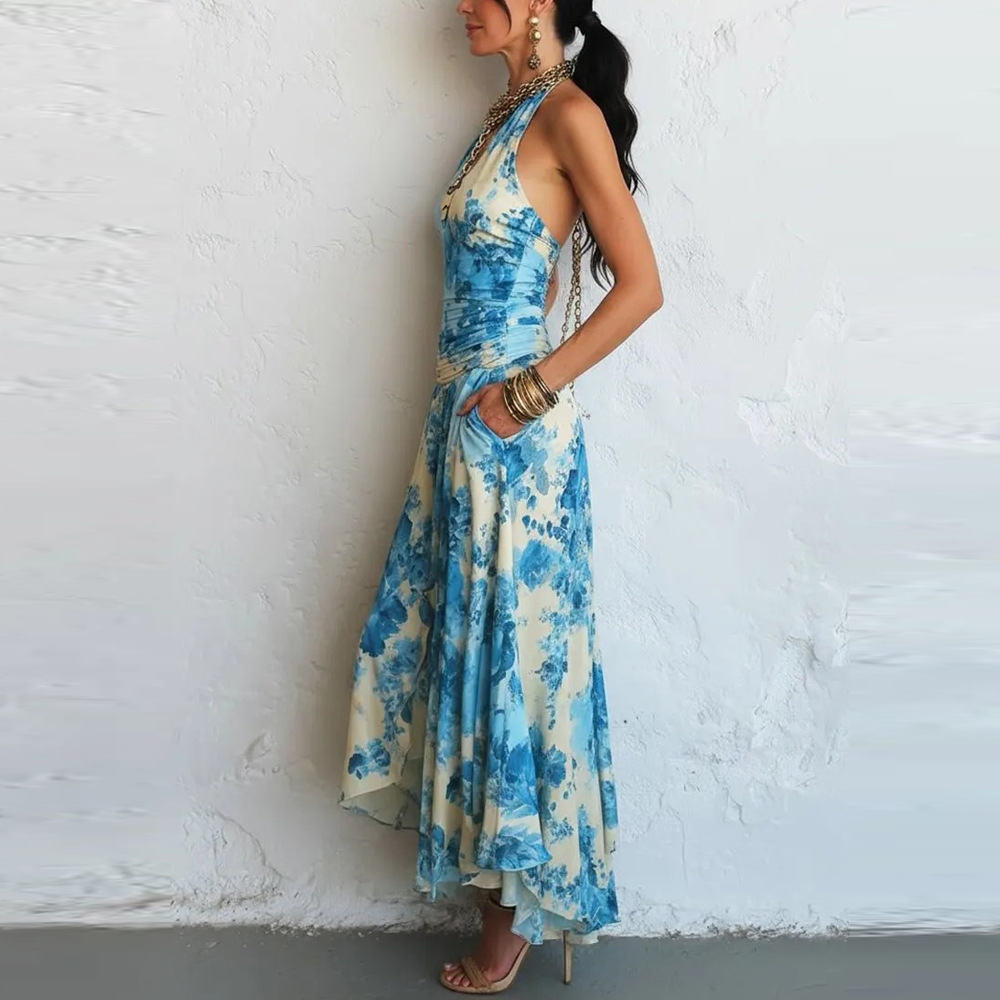Floral Print Sleeveless Halter Neck Bodycon Long Dress