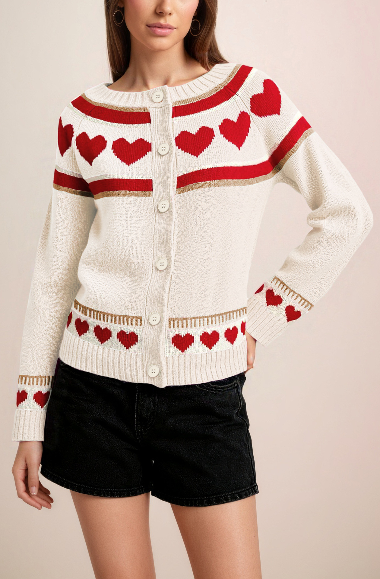 Retro Heart Pattern Knit Cardigan with Round Neck and Buttons, Loose Fit