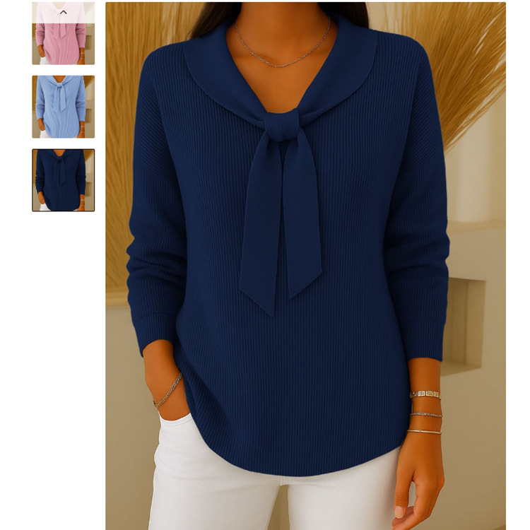 Bow Knit Sweater Solid Color Doll Collar Pullover
