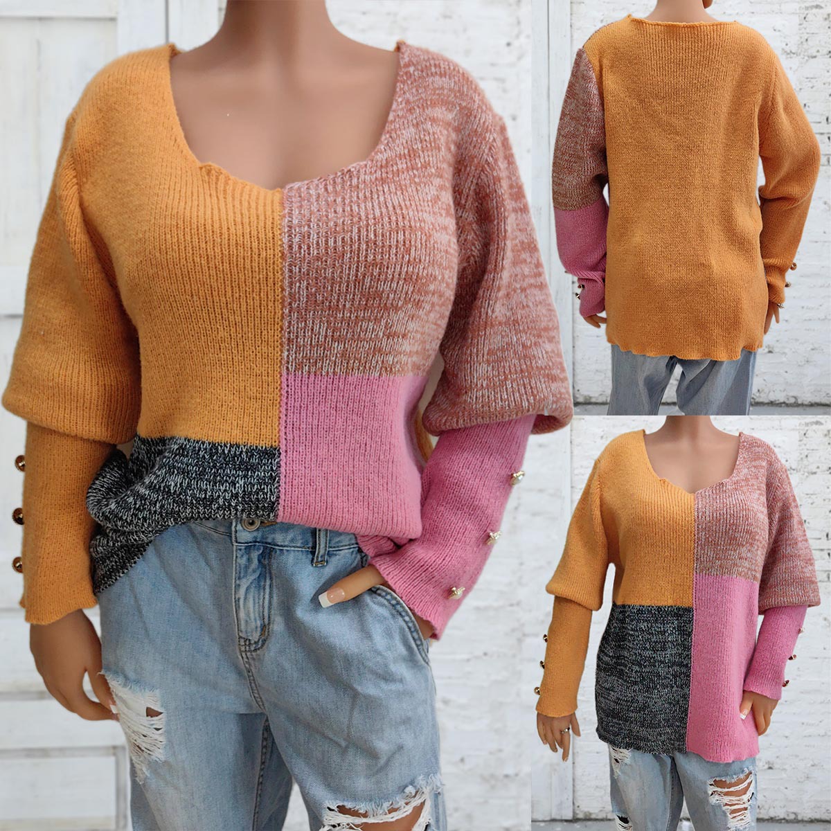 Color Block Patchwork Loose Knit Sweater with U-Neck and Button Sleeves