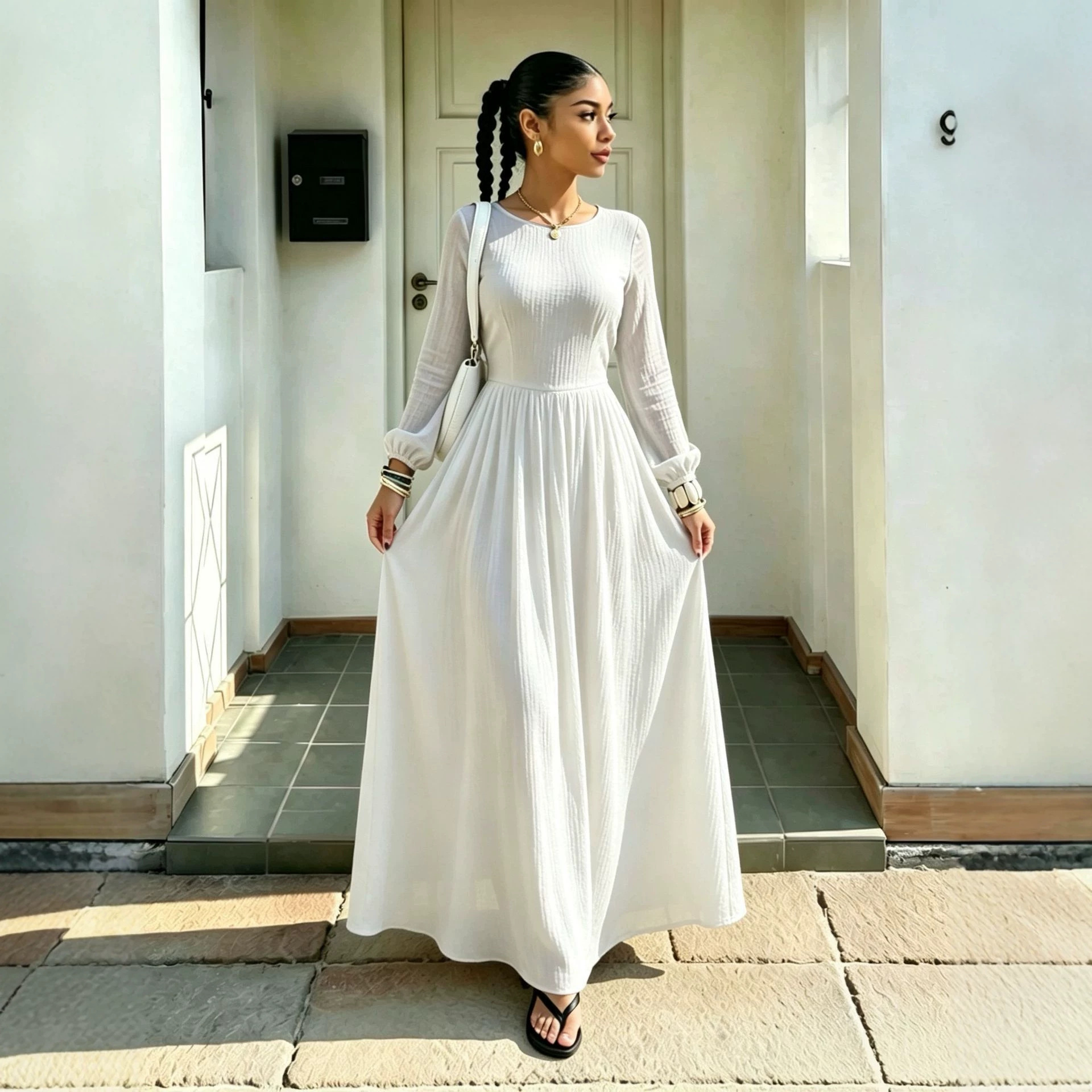 French-Style Fitted A-Line Long-Sleeve Dress with Round Neck and Cinched Waist