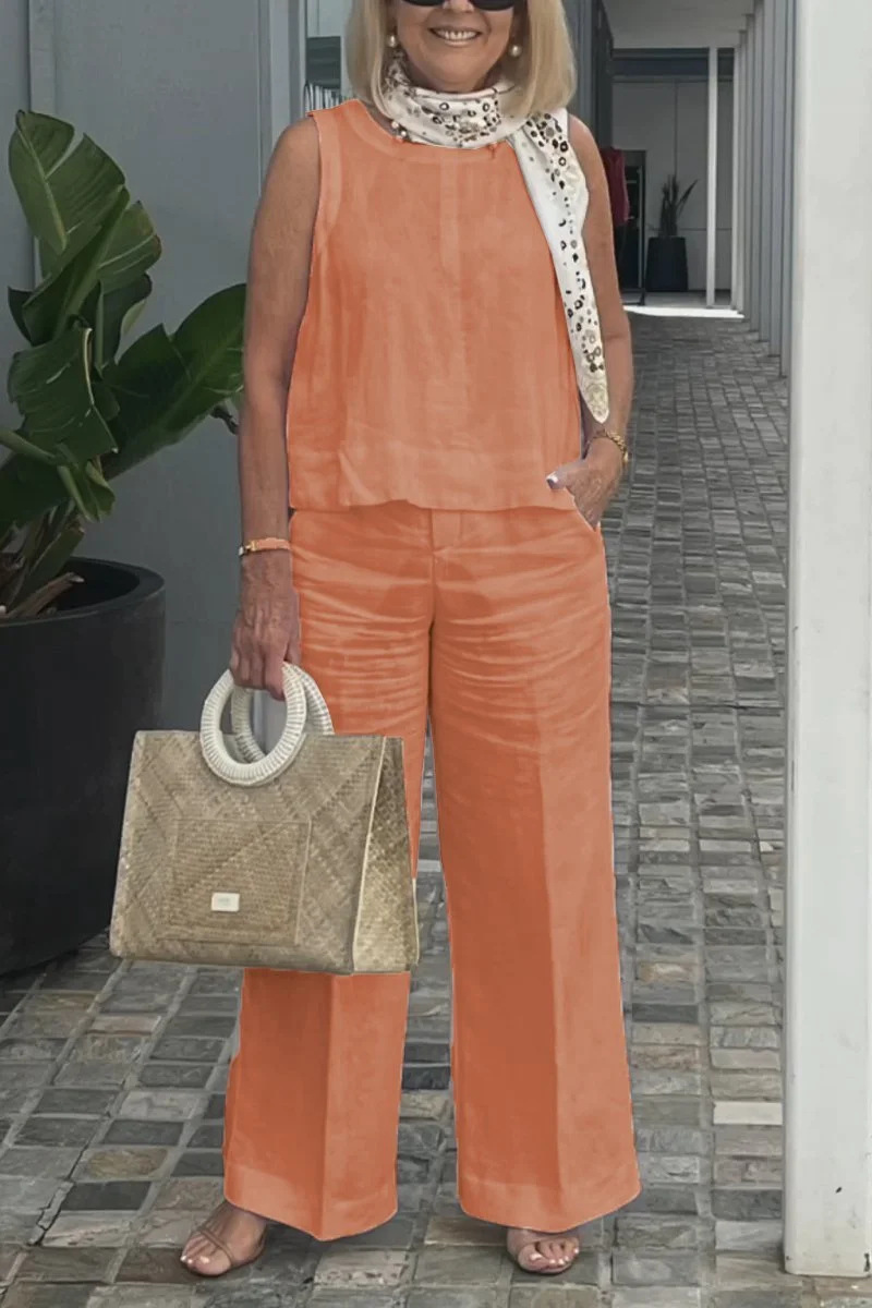 Women's Sleeveless Cotton-Linen Solid Color Pant Set Casual Two-Piece Outfit