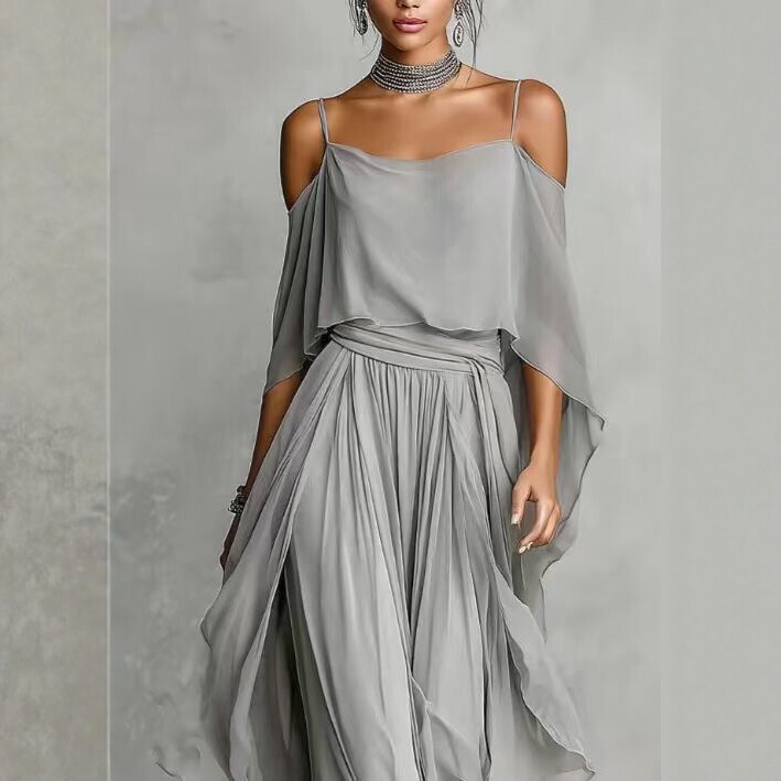Gray Chiffon Off-Shoulder Cami & Wide-Leg Pants Set