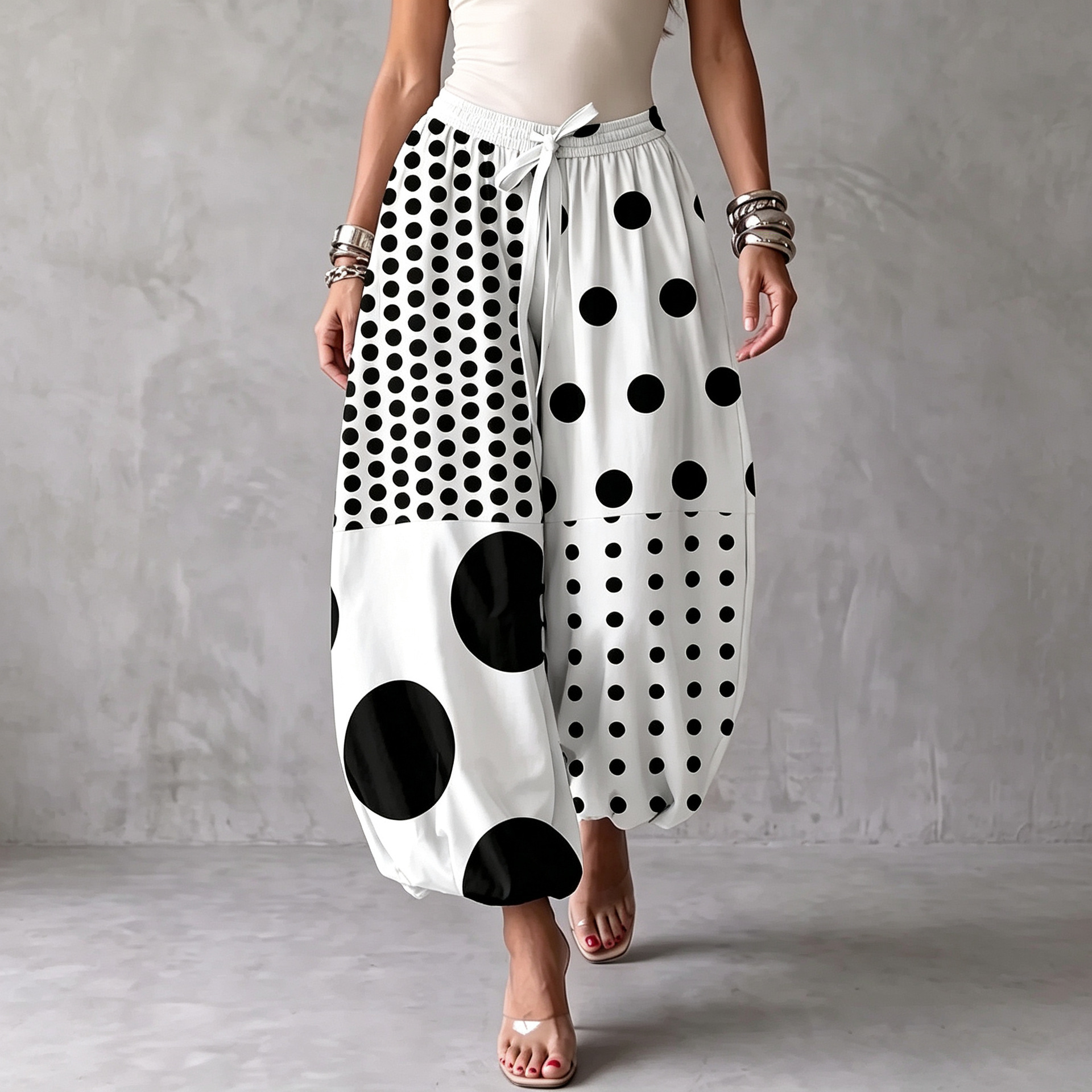 Asymmetric Polka Dot Print Drawstring Jogger Pants