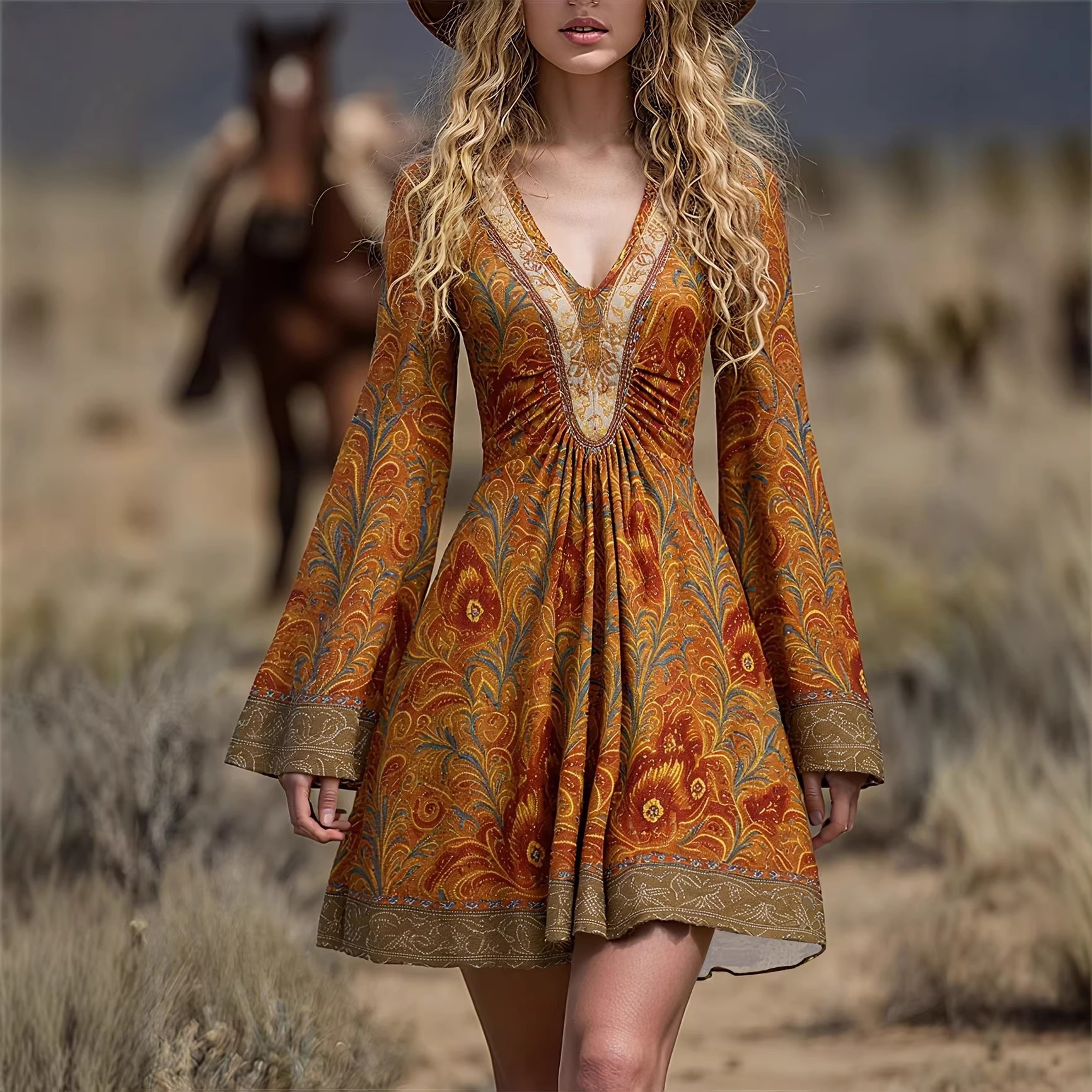 Women's Vintage V-Neck Printed Long Sleeve A-Line Dress Boho