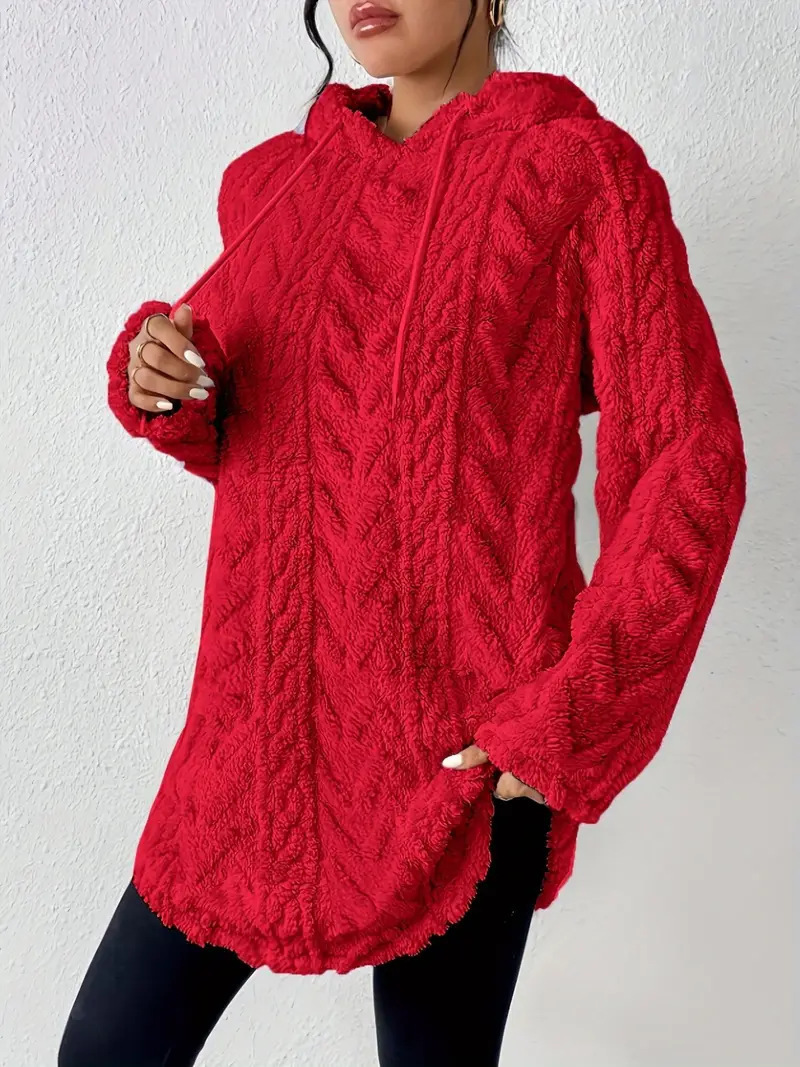 Solid Hooded Long-Sleeve Drawstring Fleece Sweater
